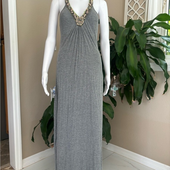 Romeo & Juliet Couture Gray Maxi Dress with Embellished V-Neck - Picture 1 of 9